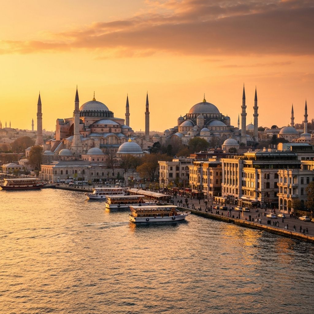 Istanbul skyline at golden hour with Bosphorus